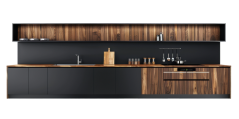 A wooden kitchen cabinet with a black counter top
