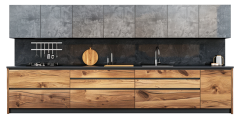 A wooden kitchen cabinet with a black counter top