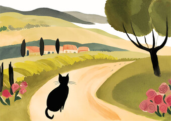 landscape with trees and cat