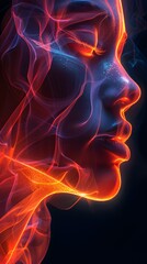 Abstract illustration of human head technology digital light model. Colorfull woman, modern wallpaper.