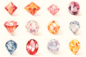 Fototapeta premium Watercolor crystal gems set. Hand drawn illustration isolated on white background