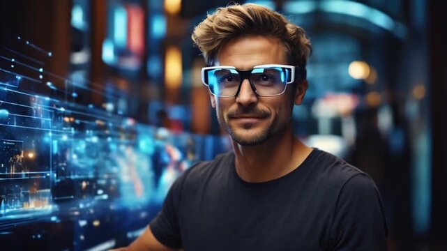 拡張現実の先駆者！ARメガネでサイバースペースを自在に操る白人男性のポートレート