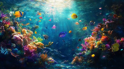 Naklejka premium Vibrant underwater coral reef with tropical fish 