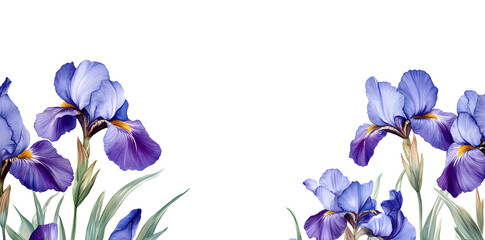 Iris flowers a frame border on white background with copy space for text	