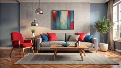 Fototapeta premium Elegant minimalistic living room interior with red, gray, and blue accents features a small wooden table, abstract art, and a comfortable sofa in calm atmosphere.