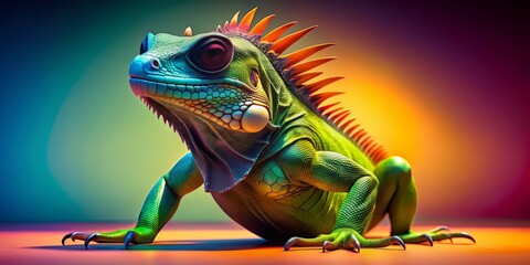 Vibrant cartoon iguana wearing trendy sunglasses and a cool smile, standing confidently against a bright, isolated background with bold, playful colors.