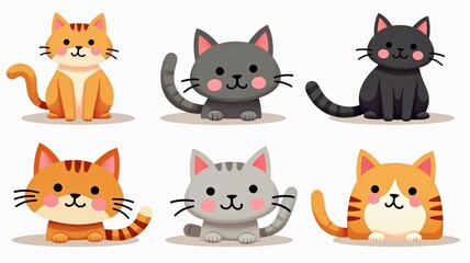 Fototapeta premium Cute Cartoon Cats Illustration - Adorable Smiling Kittens Clipart for Kids and Cat Lovers