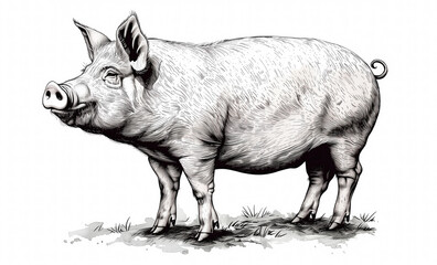 Pig, hog, boar. Vintage retro print, black white pig sketch ink pencil style drawing, linear drawing, engrave old school. Sketch artwork silhouette pig, hog, boar. Side view profile. Illustration