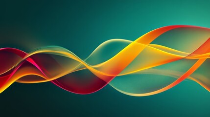 Naklejka premium Abstract Glass Background with Wavy Yellow and Red Ribbons on a Dark Teal Gradient Generative AI