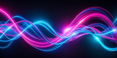 Fototapeta premium Vibrant pink and blue neon ribbon swirls dynamically across a dark abstract background, evoking a sense of futuristic energy and playful celebration in 3D animation.