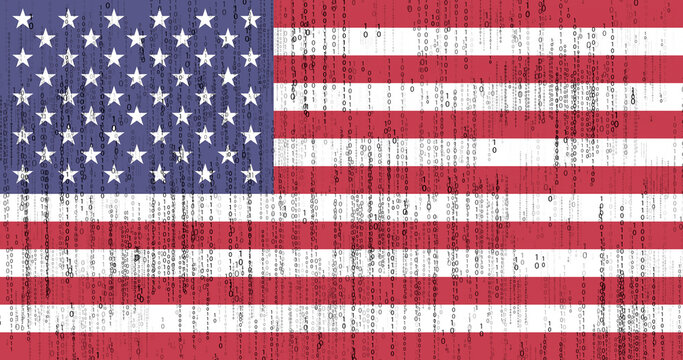 Data protection, binary code with United States of America flag. USA flag and matrix concept.