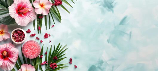 Obraz premium Small container with salt or rough crystals powder, pink red hibiscus flowers near. Botanical extracts used in cosmetics concept, banner copy space on side. Generative AI
