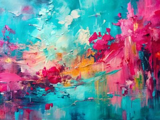 Vibrant pink and turquoise abstract artwork featuring expressive oil and acrylic brushstrokes, heavy textured pallet knife strokes, and dynamic color blending on canvas.