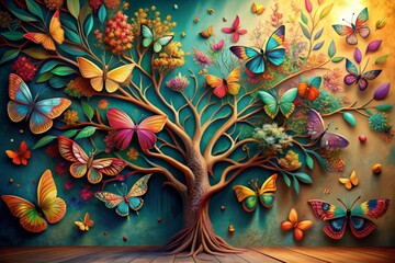 Vibrant colorful butterfly tree with elegant hanging branches, lush leaves, and intricate details, creates stunning 3D abstract background for interior wall mural painting design.