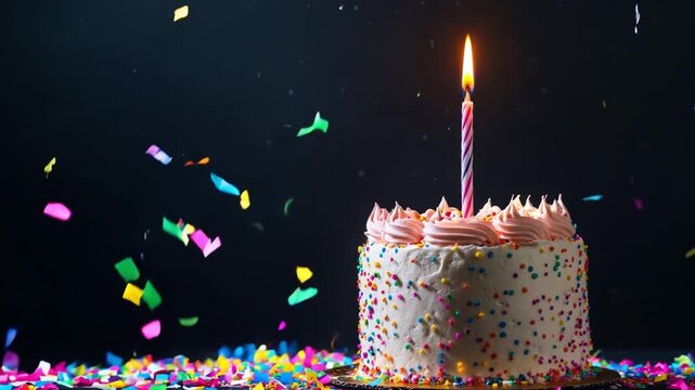 A beautifully decorated cake topped with a candle is surrounded by a vibrant explosion of confetti during a joyful celebration.