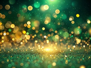 Vibrant gold bokeh particles dance across a soft, defocused emerald green background, creating a luxurious and sophisticated abstract banner perfect for creative projects.