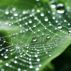 Close-up of water droplets on a spider web, Generative Ai