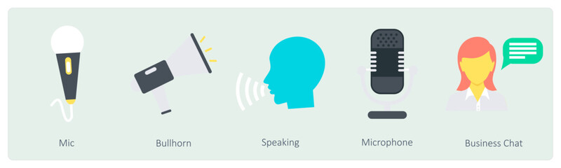 A set of 5 Communication icons as mic, bullhorn, speaking