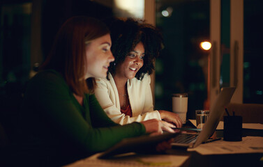 Business, women and teamwork with laptop at night with stock market research for corporate...