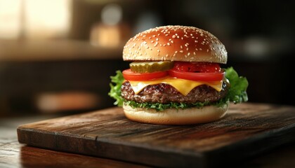 Freshly made cheeseburger with lettuce, tomato, pickles, and sesame seed bun on a wooden board