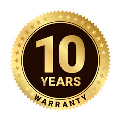 10 years warranty label. Ten Years warranty Sticker label in golden color. Warranty stamp banner for service provider. Gold Stars and Ten years text label, tag or stamp Premium Quality warranty badge