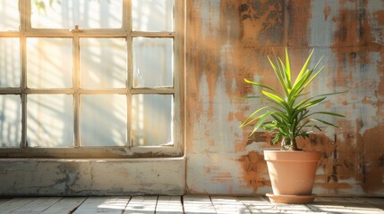 Sunlit potted plant by a rustic window in a cozy interior