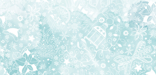 Pre-made  Christmas  design with traditional festive symbols on blue watercolor background. Vector layout decorative greeting card or invitation design background. 
