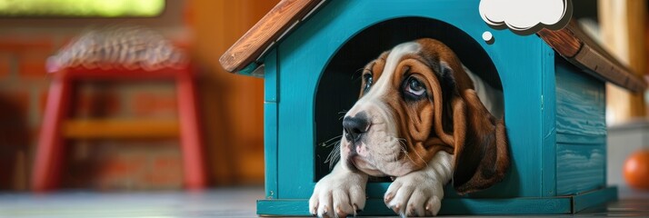 Basset Hound puppy in a dog house with a thought bubble reflecting on festive celebrations.