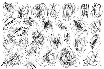 Intricate and abstract, this image features numerous black scribbles and loops on a white background, symbolizing creativity, complexity, and artistic freedom.