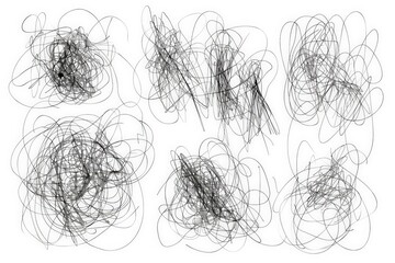 This abstract image features a chaotic whirl of black scribbles, densely packed, conveying a sense of entanglement and disorder. The black lines create stark contrast on a white background.