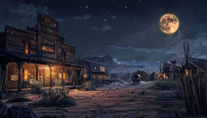 Old West town under a full moon with a wagon on a dirt road at night
