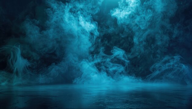 Blue mist creates an ethereal atmosphere in a dark environment