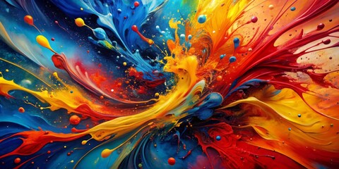 Obraz premium Vibrant abstract background featuring dynamic oil paint splashes in bold red, blue, and yellow hues, evoking feelings of energy, creativity, and artistic expression.