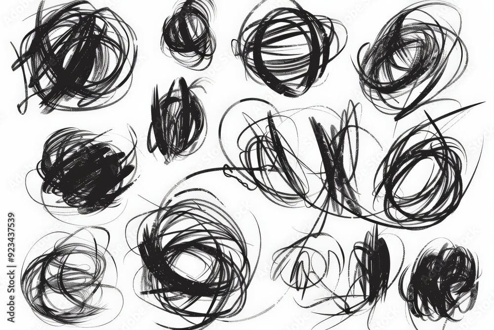 Aufkleber A set of dynamic black scribbles with circular and looped designs, presenting a variety of abstract swirls and shapes, created with vigorous lines against a white background.