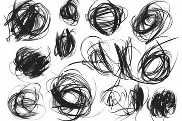A set of dynamic black scribbles with circular and looped designs, presenting a variety of abstract swirls and shapes, created with vigorous lines against a white background.