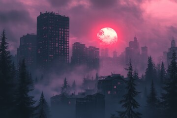 Foggy Cityscape with Tall Buildings and Forest in the Background - Ideal for Environmental or Urban Planning Concepts Generative AI