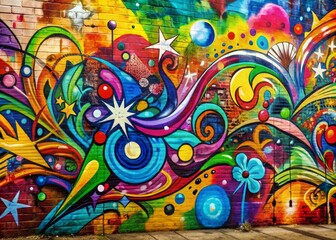 Vibrant colorful abstract graffiti wall background with bold shapes, swirling patterns, and textured splatters, ideal for artistic pop art designs and creative projects.