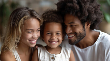 Obraz premium Multiracial Family Portrait: Smiling African American Father with Two Children Indoors, Happy Father's Day Concept. Generative ai