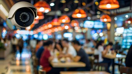 Obraz premium An active security camera observes the bustling interior of a crowded restaurant, ensuring safety and security amidst the patrons and vibrant, lively ambiance.