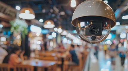 A surveillance camera placed inside a bustling restaurant, keeping track of the activities of patrons enjoying their meals in a well-lit environment with vibrant decorations.