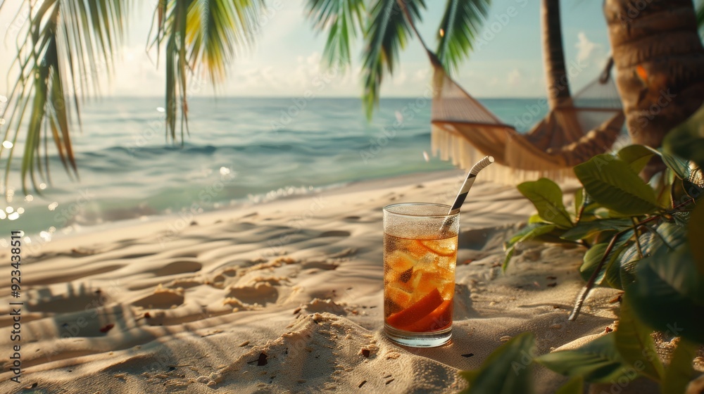 Poster a serene beachfront scene showing a cocktail on the sandy shore, with a hammock hanging between palm