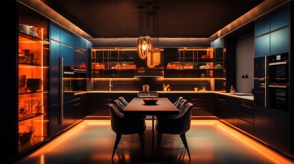 Modern Kitchen with Warm Lighting and Dark Blue Cabinetry