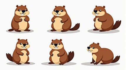 Fototapeta premium Cute Cartoon Beavers Illustration - Adorable Groundhog Day Characters with Smiling Faces
