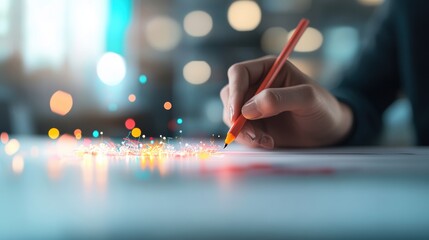 A designer sketching a new concept for a cutting edge technology, surrounded by digital tools.