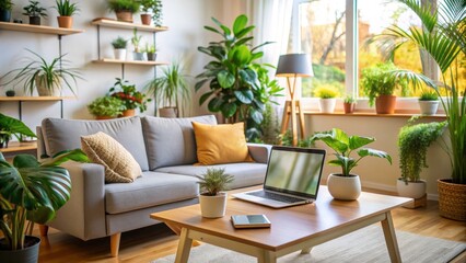 A comfortable living room setup with a laptop open on a couch, showing a virtual therapist session, surrounded by calming plants and a warm atmosphere.