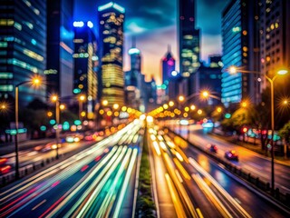 Obraz premium Vibrant abstract blurred night street lights streak across a dark cityscape, capturing the dynamic energy of a bustling metropolis in a defocused nocturnal atmosphere.