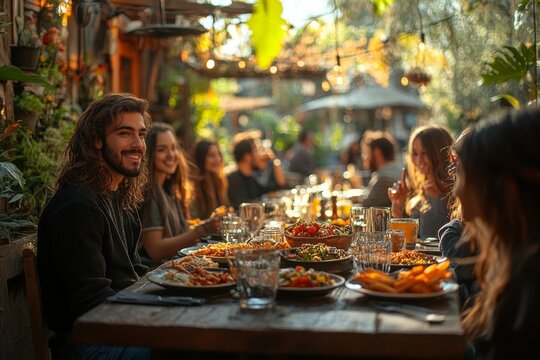 A vibrant outdoor dining experience with friends enjoying a meal at a trendy urban cafe. Generative AI