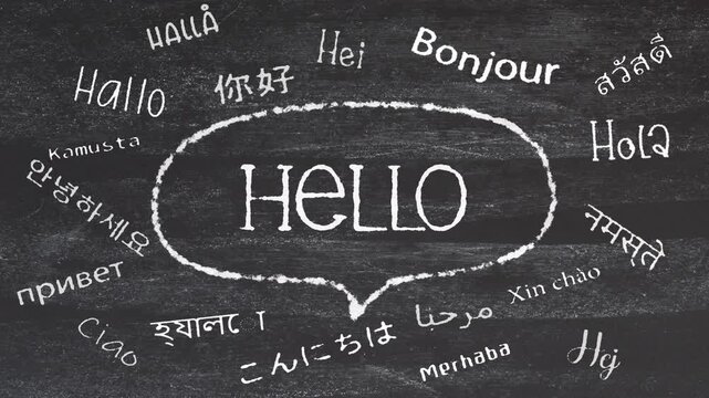 Hello in differnt international language text write on chalkboard animation cinematic title abstract background 