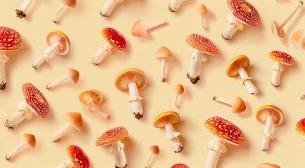 A lot of amanita mushrooms on yellow background, top view, minimal flat lay style.