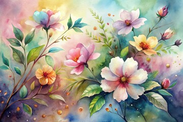Obraz premium Vibrant watercolor ink painting featuring blooming bright spring flowers and leaves with delicate petals and stems set against a soft, abstract blended background.
